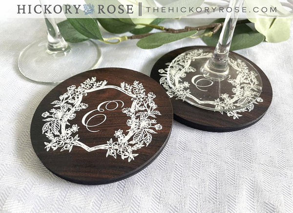 Floral Crest | Wooden Wedding Coasters
