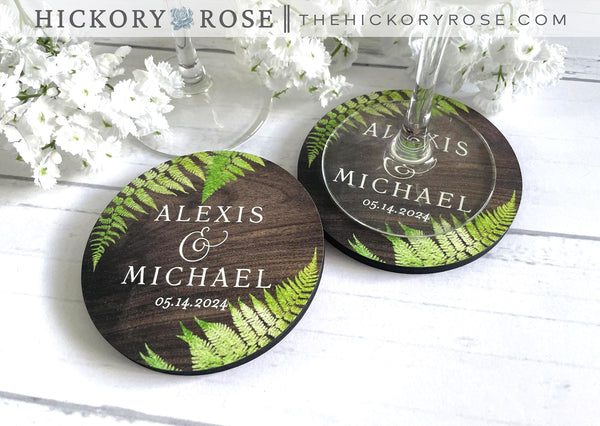 Green Ferns | Wooden Wedding Coasters