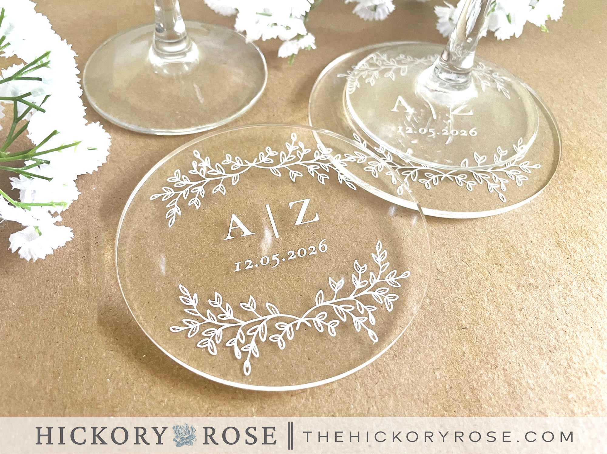 Wreathed Initials | Acrylic Wedding Coasters