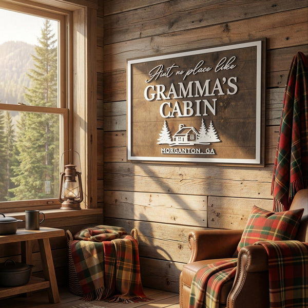 A rustic themed cabin decor sign personalized with custom details, featuring a cabin graphic surrounded by pine trees.