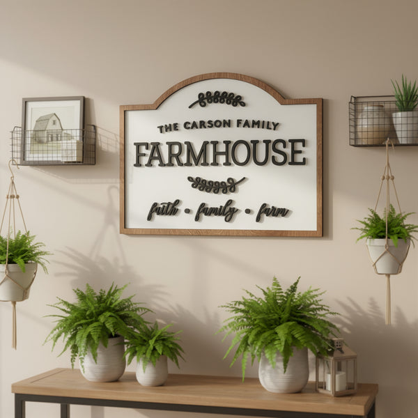 A personalized family name sign with a chic farmhouse theme, laser cut from wood with bold 3D lettering.