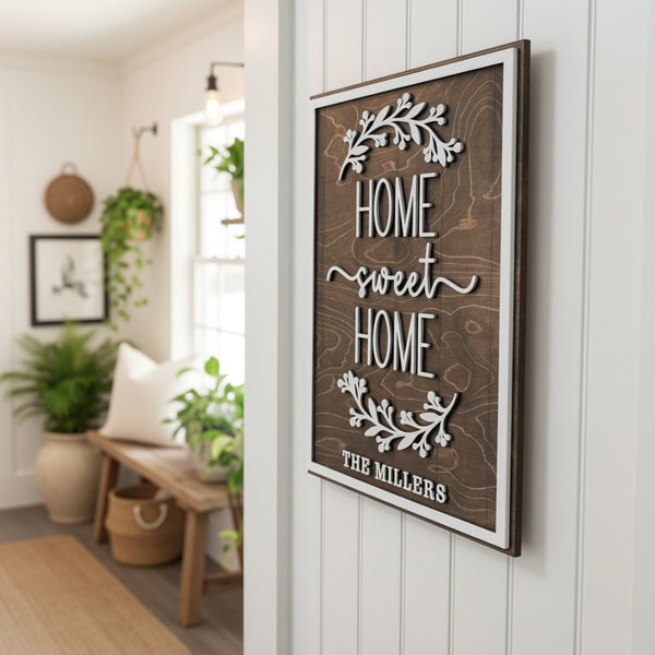 A laser cut wooden welcome sign personalized with a family name in white 3D lettering
