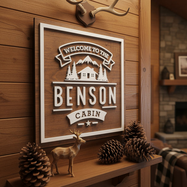 A rustic, wooden laser cut cabin sign with a personalized family name in bold white 3D lettering.