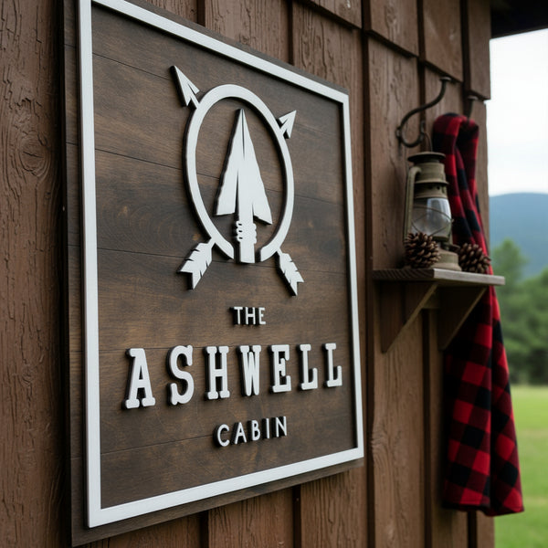 A rustic wooden sign personalized with a family name in bold, 3D laser cut lettering.