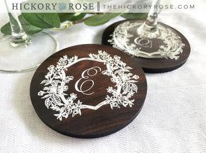 Floral Crest | Wooden Wedding Coasters