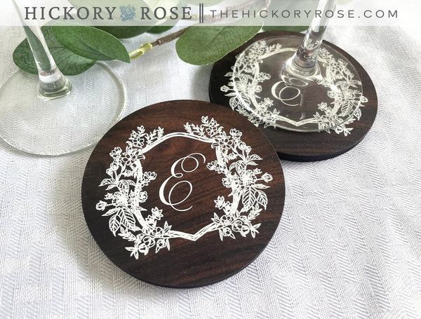 Floral Crest | Wooden Wedding Coasters