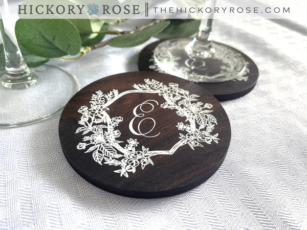 Floral Crest | Wooden Wedding Coasters