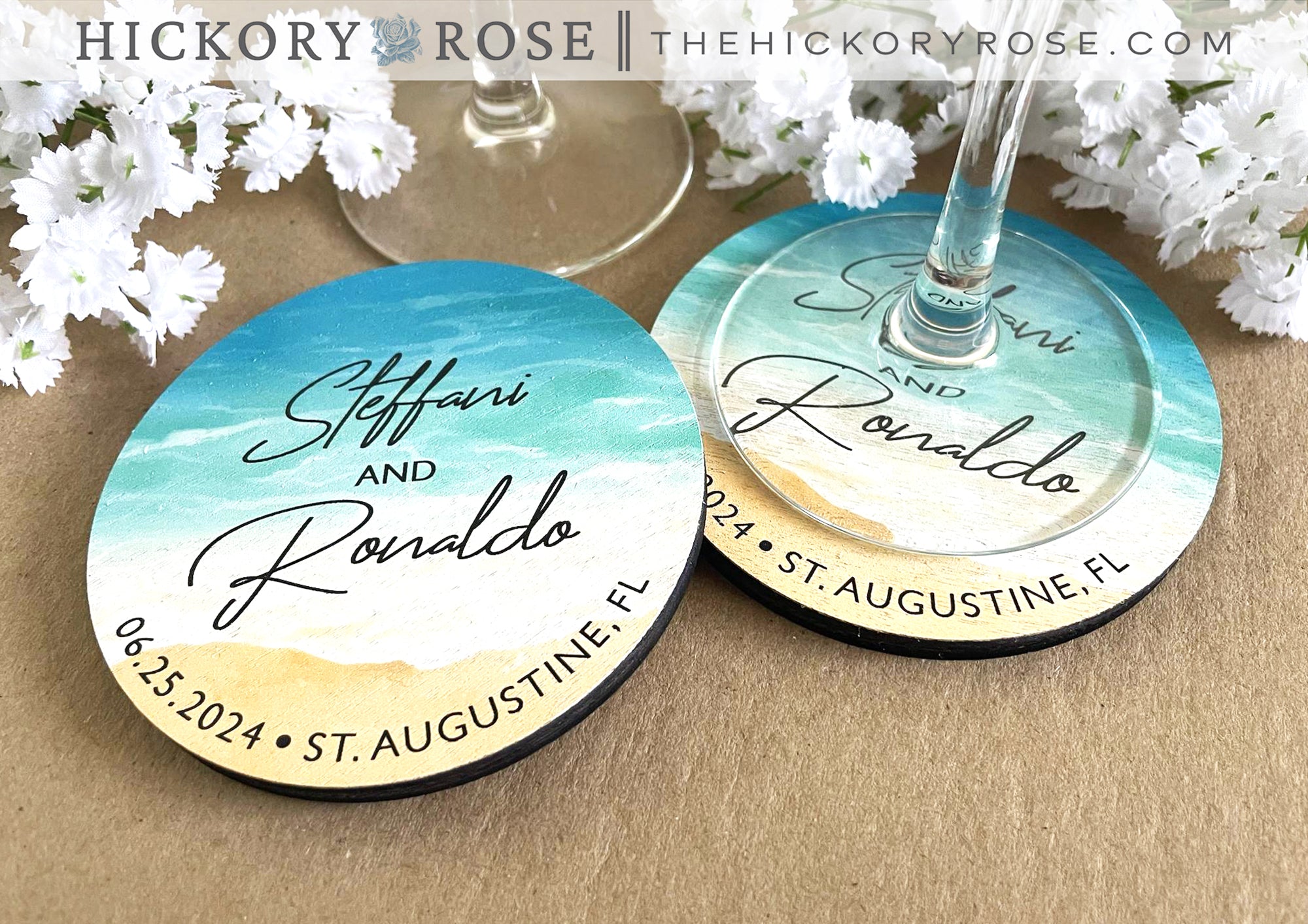 Bright Seashore | Wooden Wedding Coasters
