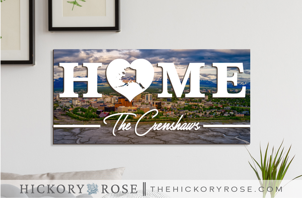 Alaska "HOME" sign with a background of an aerial view of Anchorage, with mountains behind it.